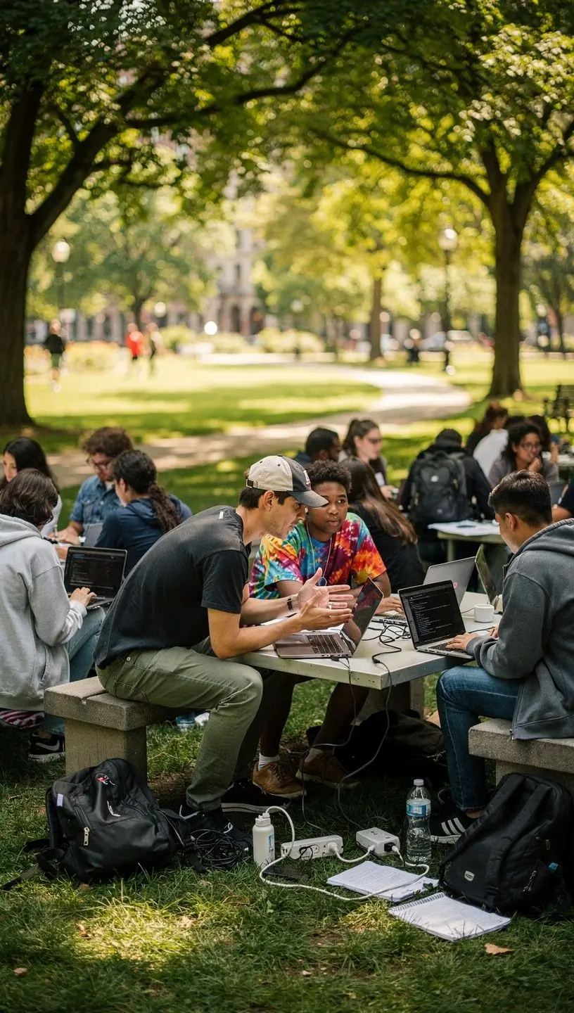 Community members discussing technology solutions for connectivity
