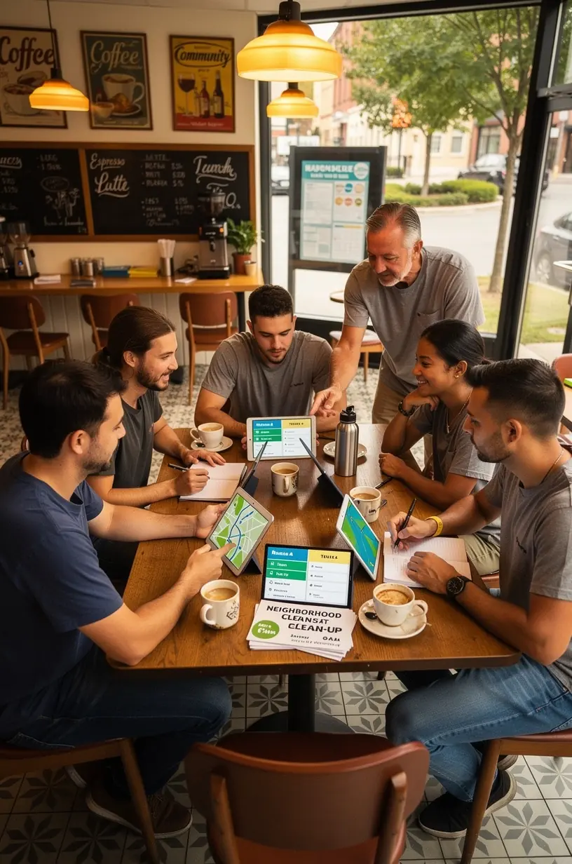 Residents collaborating on digital tools in community space.